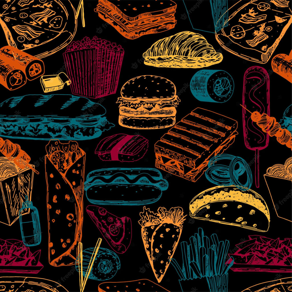 Colorful Fast Food Seamless Pattern Wallpaper on Dark Background