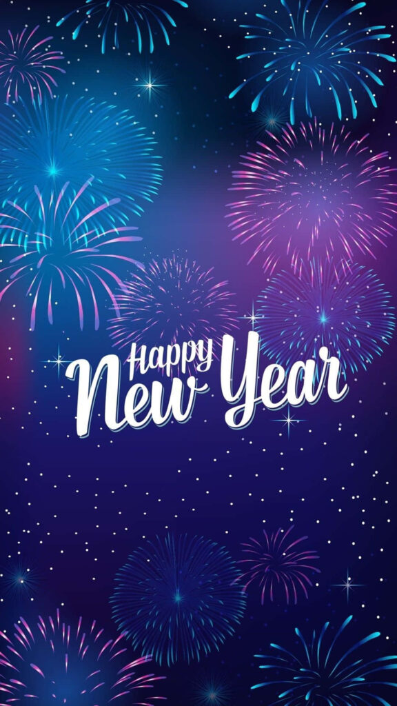 Colorful fireworks burst over a starry night with Happy New Year bold white text wallpaper background