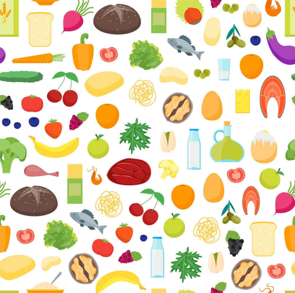 Colorful Food & Vegetables Seamless Pattern Wallpaper Design
