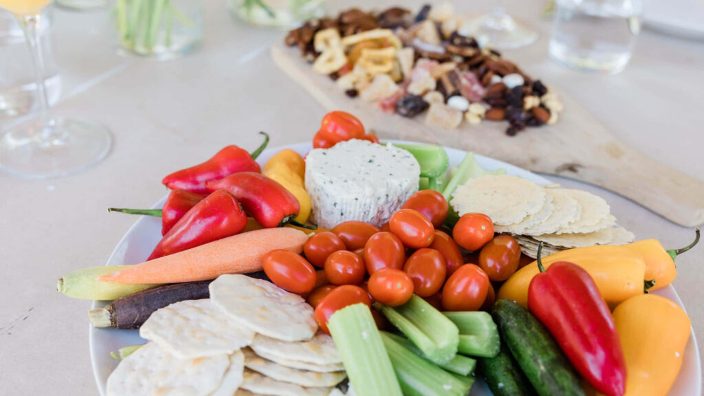 Colorful Vegetable Plate with Cheese & Crackers | Elegant Table Wallpaper