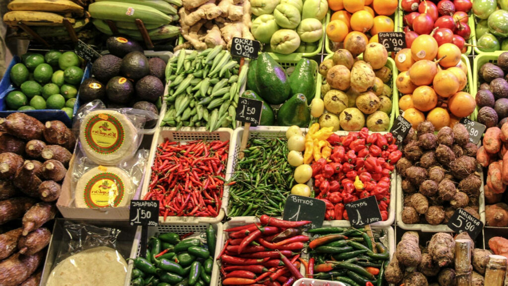 Colorful Fresh Produce Market Wallpaper: Vegetables, Fruits & Spices