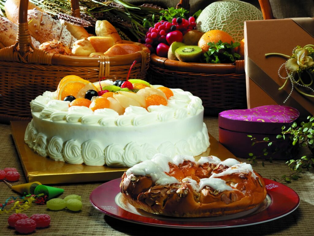 Colorful Fruit Cake & Pastries - Lively Wallpaper Background