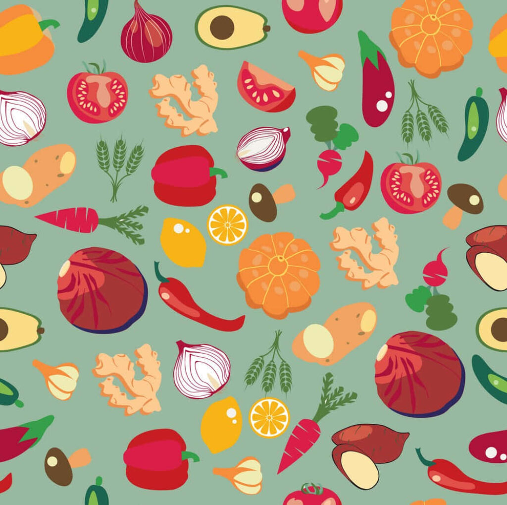Colorful Vegetable & Fruit Wallpaper Background with Green Pattern