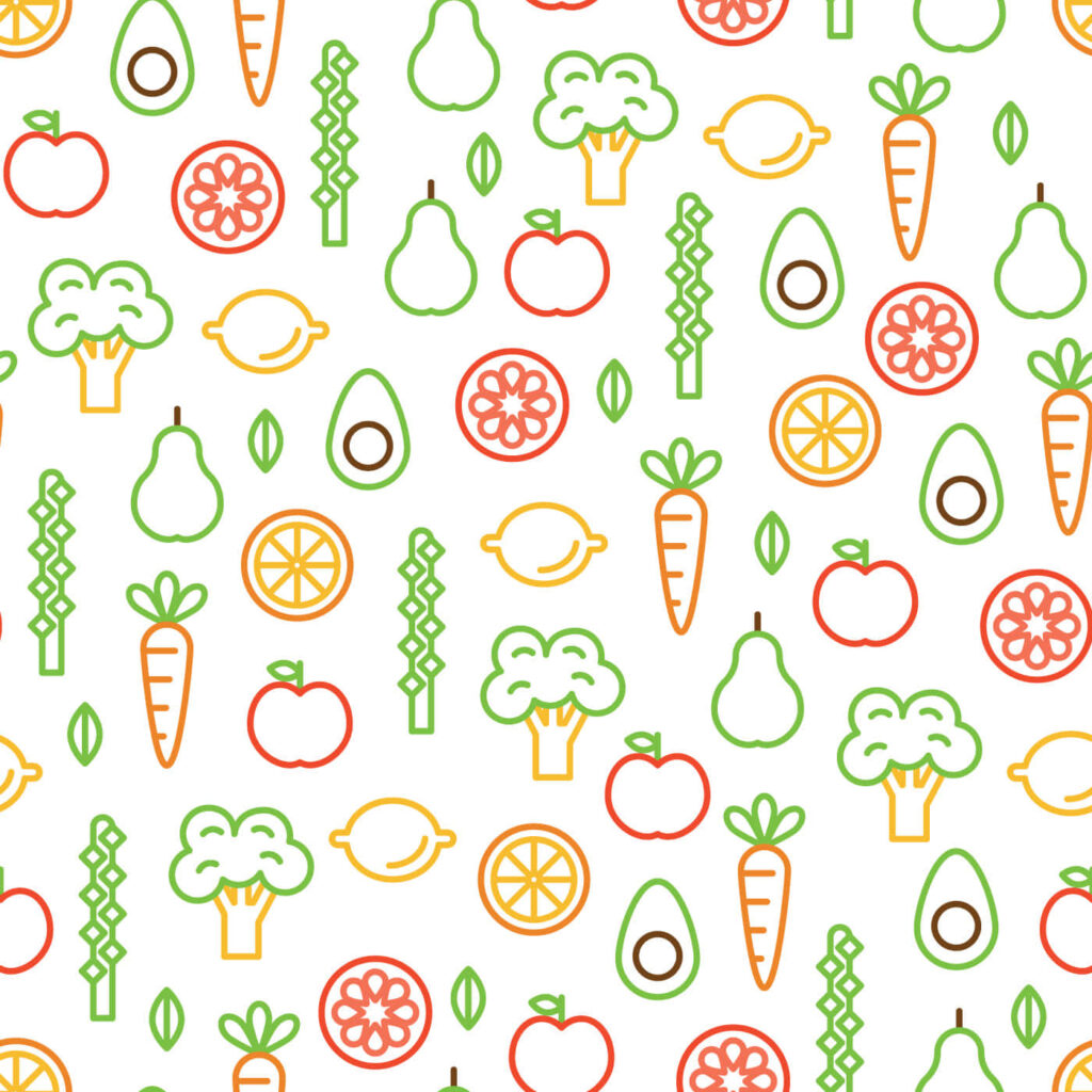 Vibrant Fruit & Vegetable Wallpaper Seamless Pattern on White Background