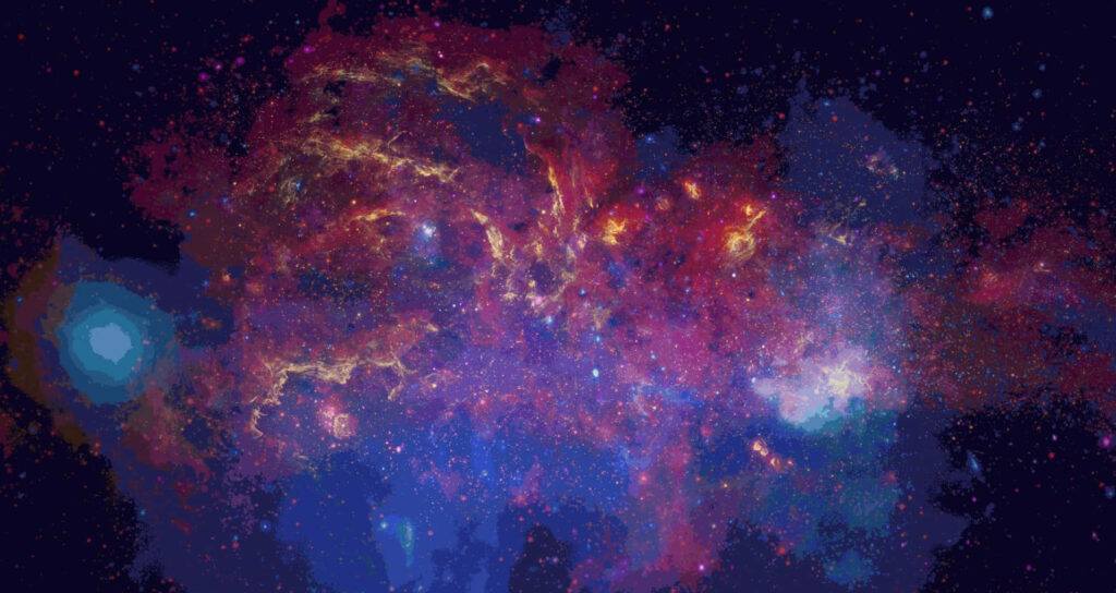 Vibrant galaxy wallpaper with glowing nebulae, stars, and colorful cosmic clouds in space.