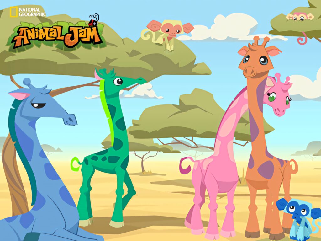 Colorful Animal Jam giraffes with unique patterns in vibrant playful savanna wallpaper background
