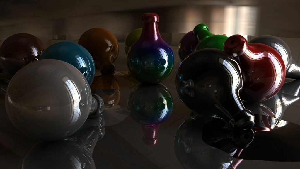 Colorful Glass Bottles Wallpaper: Moody Dark Background & Reflections