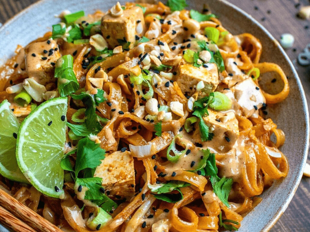 Vibrant Gourmet Pad Thai Wallpaper: Delicious Rice Noodles & Toppings