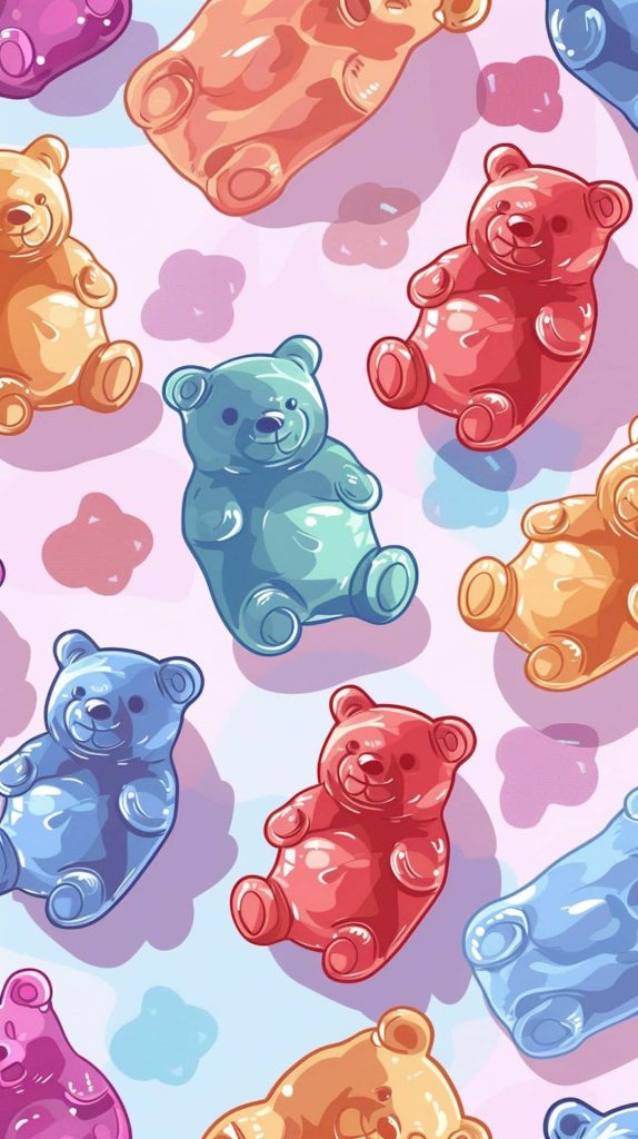 Colorful gummy bears pattern wallpaper with glossy vibrant bears on pastel lilac background