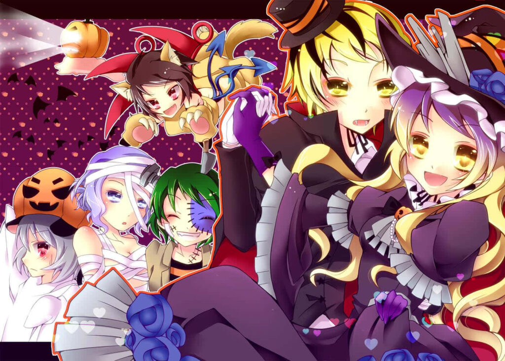 Colorful Halloween Anime Wallpaper: Witches, Mummies & Pumpkins