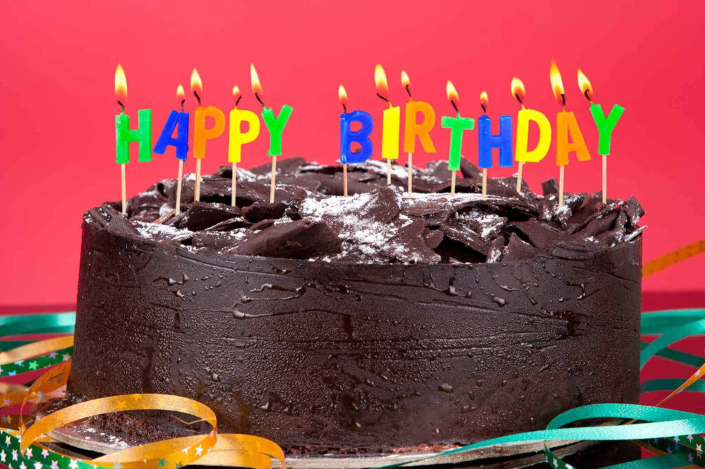 Festive Chocolate Cake with Colorful Candles and Ribbons Wallpaper