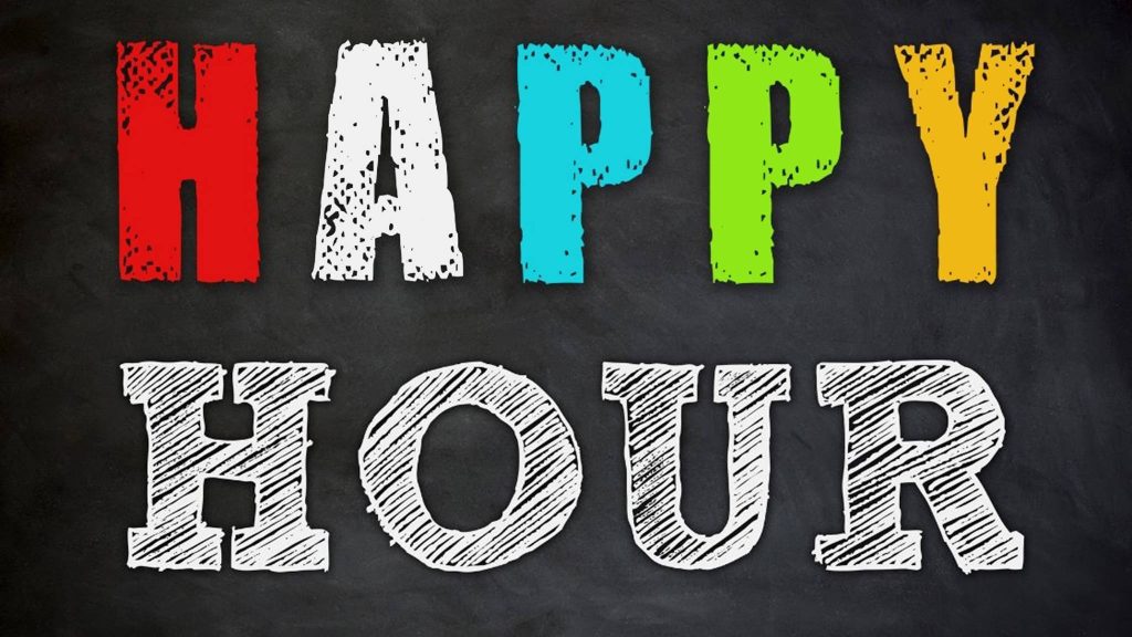 Colorful Happy Hour slogan wallpaper on black chalkboard with vibrant multicolored text and white accents