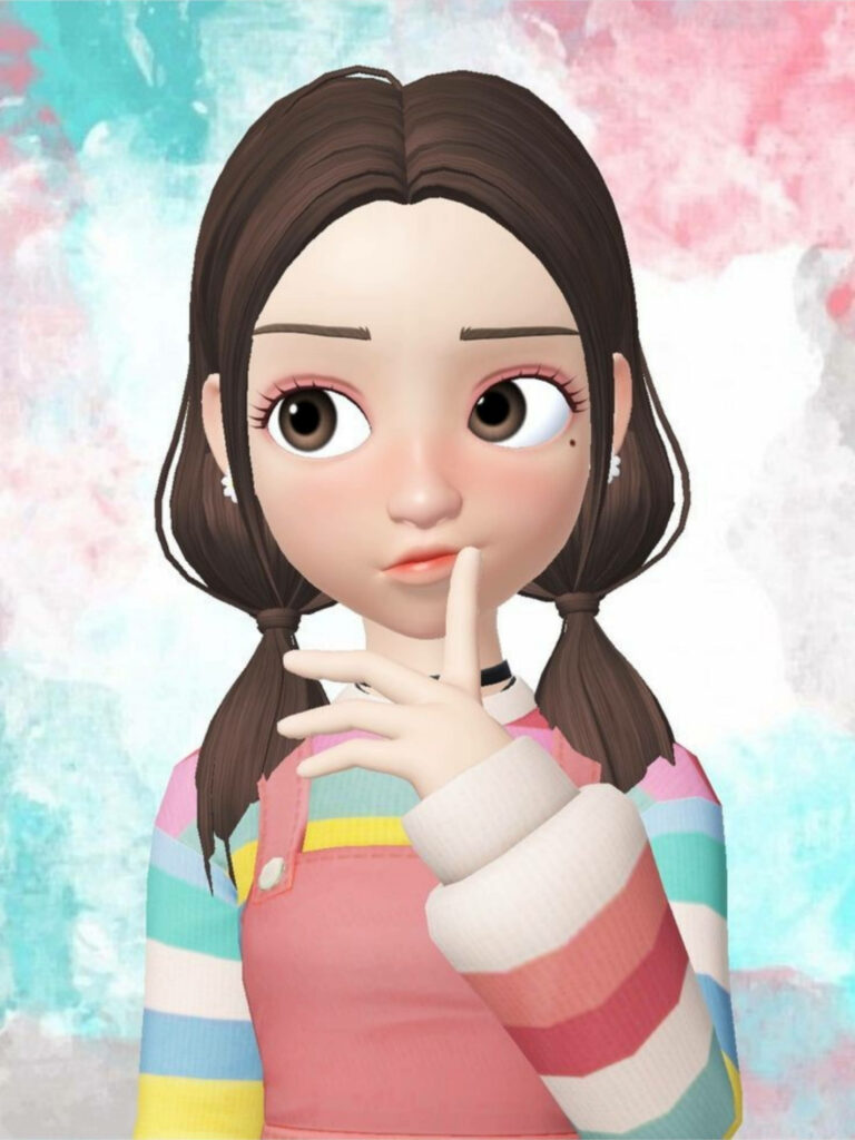 Rainbow Delight: A Playful Zepeto Character Rocking Low Pigtails, Adorned in a Colorful Sweater and Pink Jumpsuit, Surrounded by Pastel Watercolor Vibes Wallpaper