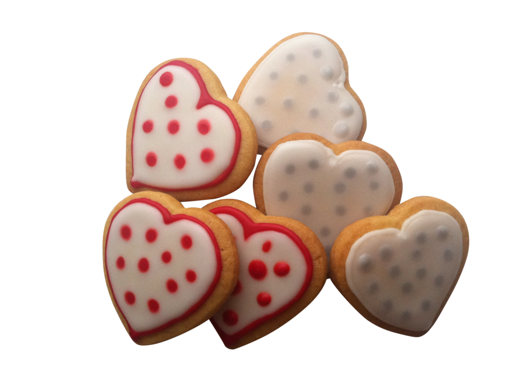 Colorful Heart-Shaped Cookies with Red & White Polka Dots Wallpaper