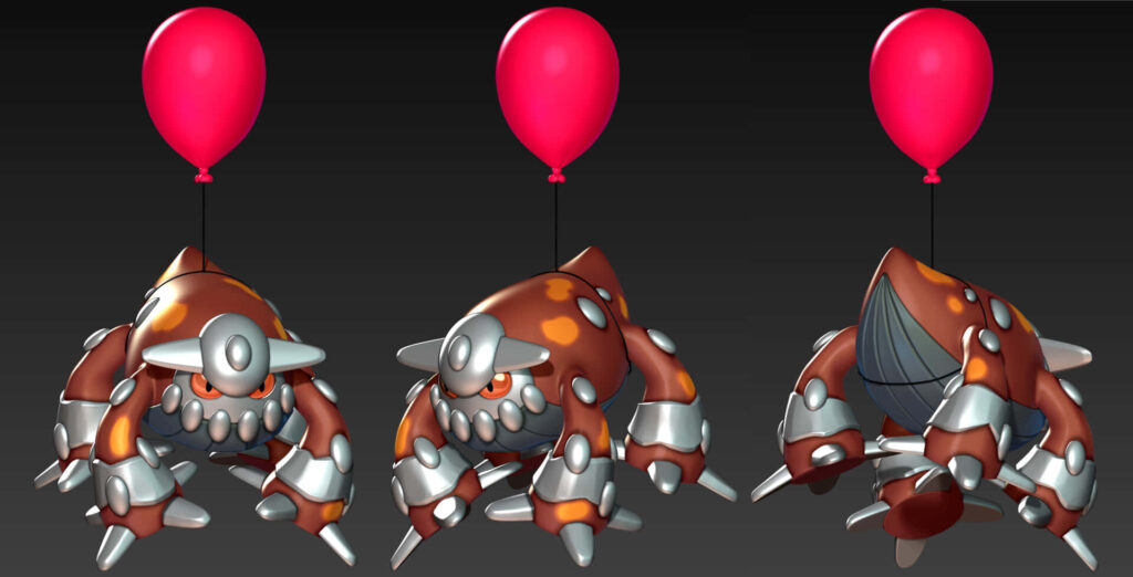 Heatran Pokémon Floating with Red Balloons on Dark Gray Background Wallpaper