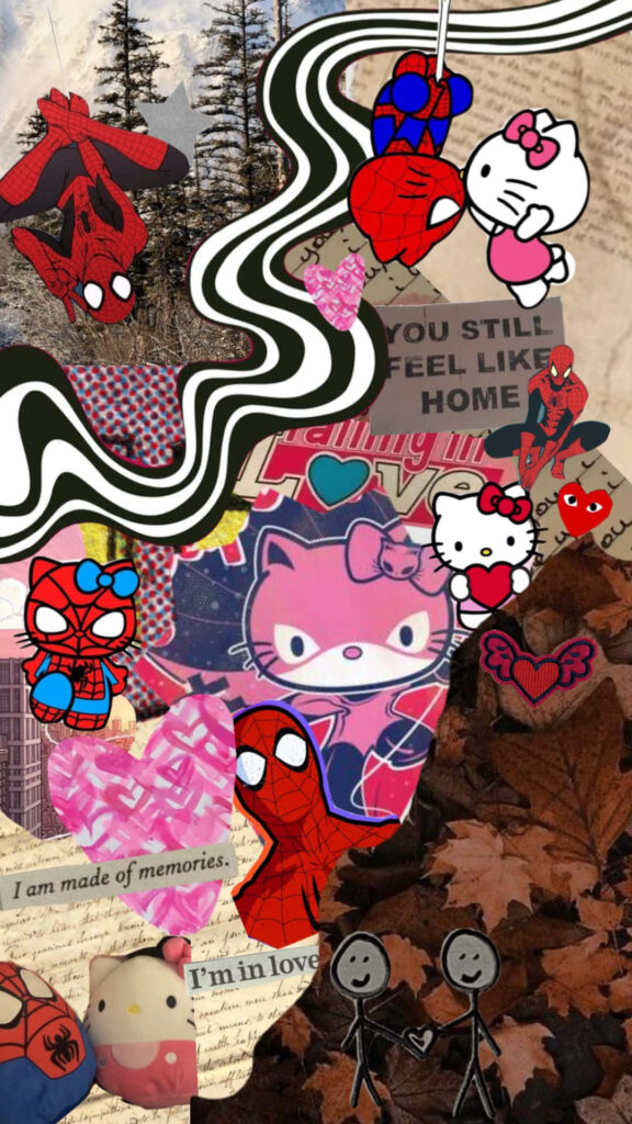 Colorful Collage Wallpaper: Hello Kitty & Spider-Man with Autumn Leaves