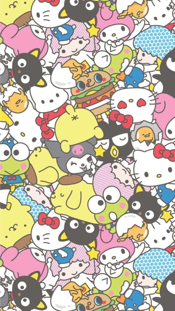 Colorful Hello Kitty Collage Wallpaper: Fun Cartoon Background