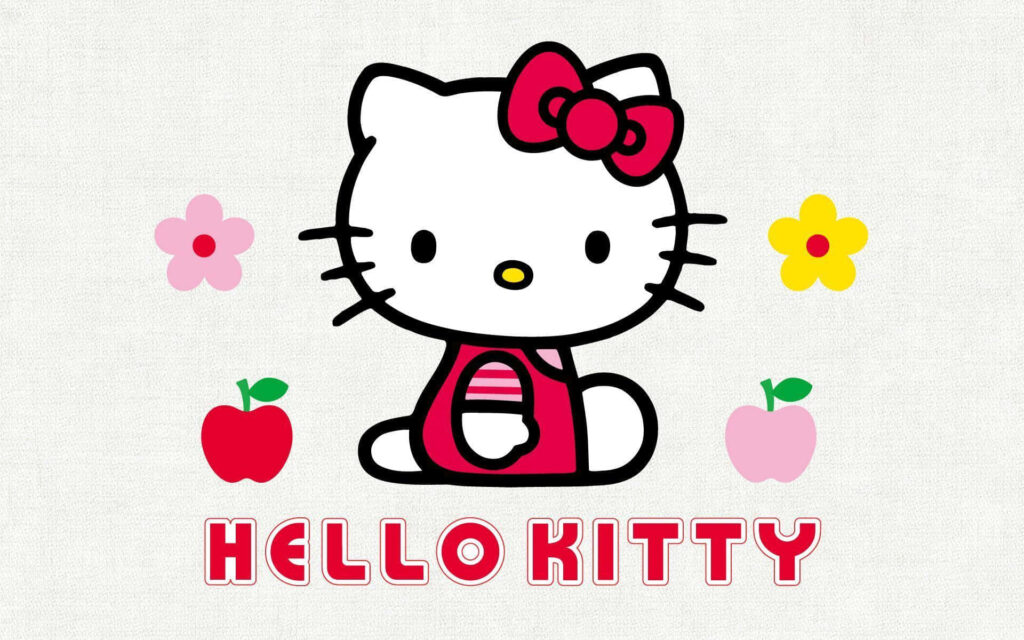 Hello Kitty Minimalist Wallpaper with Colorful Flowers and Apples