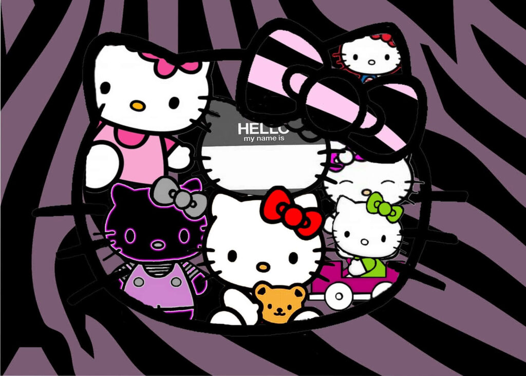 Hello Kitty & Bear: Cute Emo Wallpaper on Purple Zebra Stripes