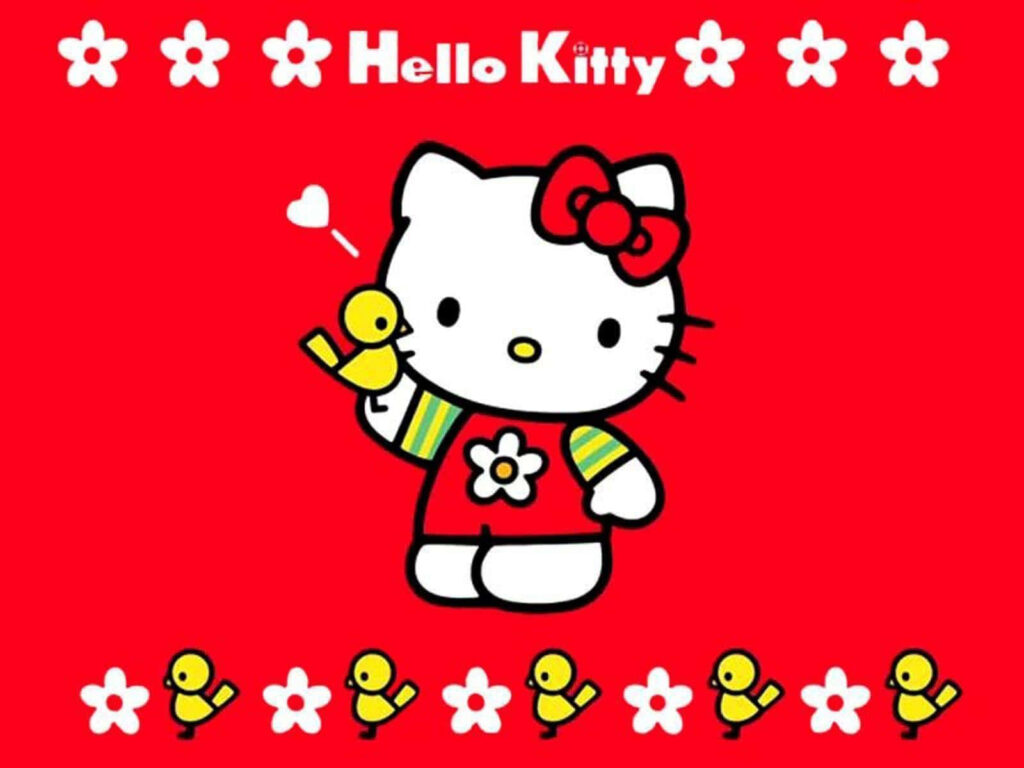 Vibrant Hello Kitty Wallpaper: Red Outfit & Cheerful Bird Design