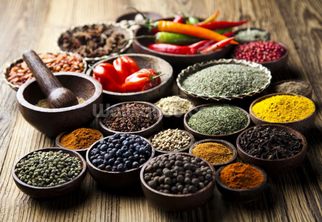 Colorful Herbs and Spices Wallpaper: Rustic Aroma for Your Background