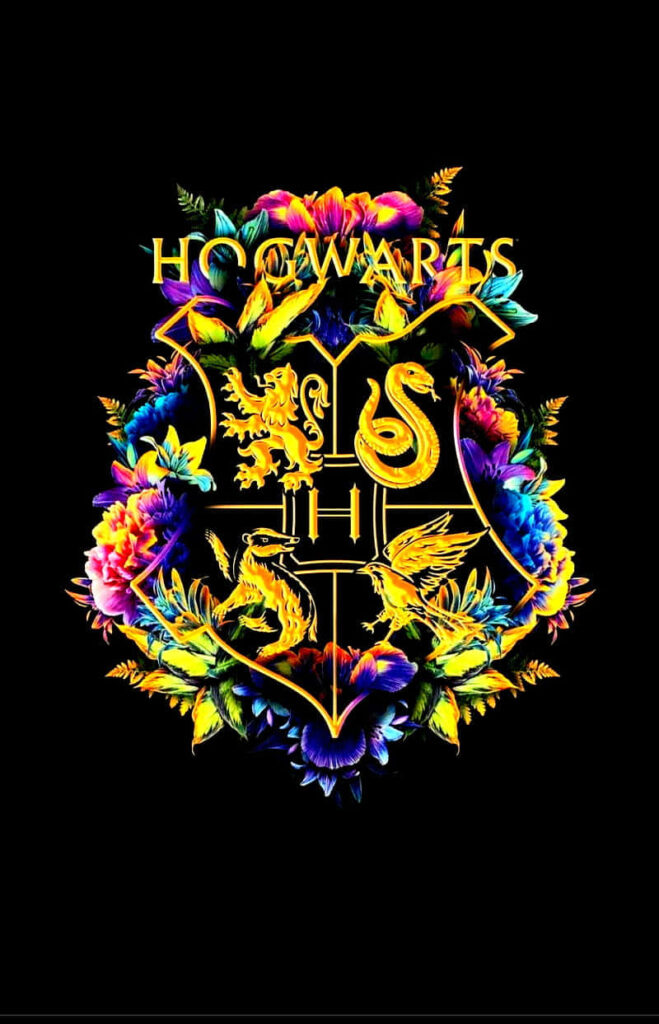 Colorful Hogwarts Crest Wallpaper with Floral Design - Diamond Art