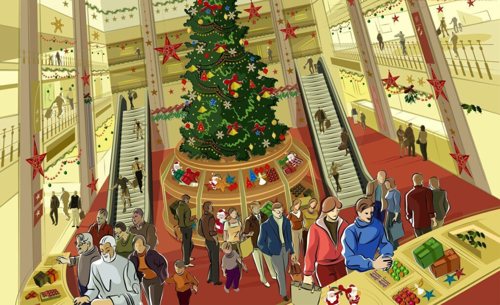 Festive Holiday Mall Wallpaper with Vibrant Christmas Scene