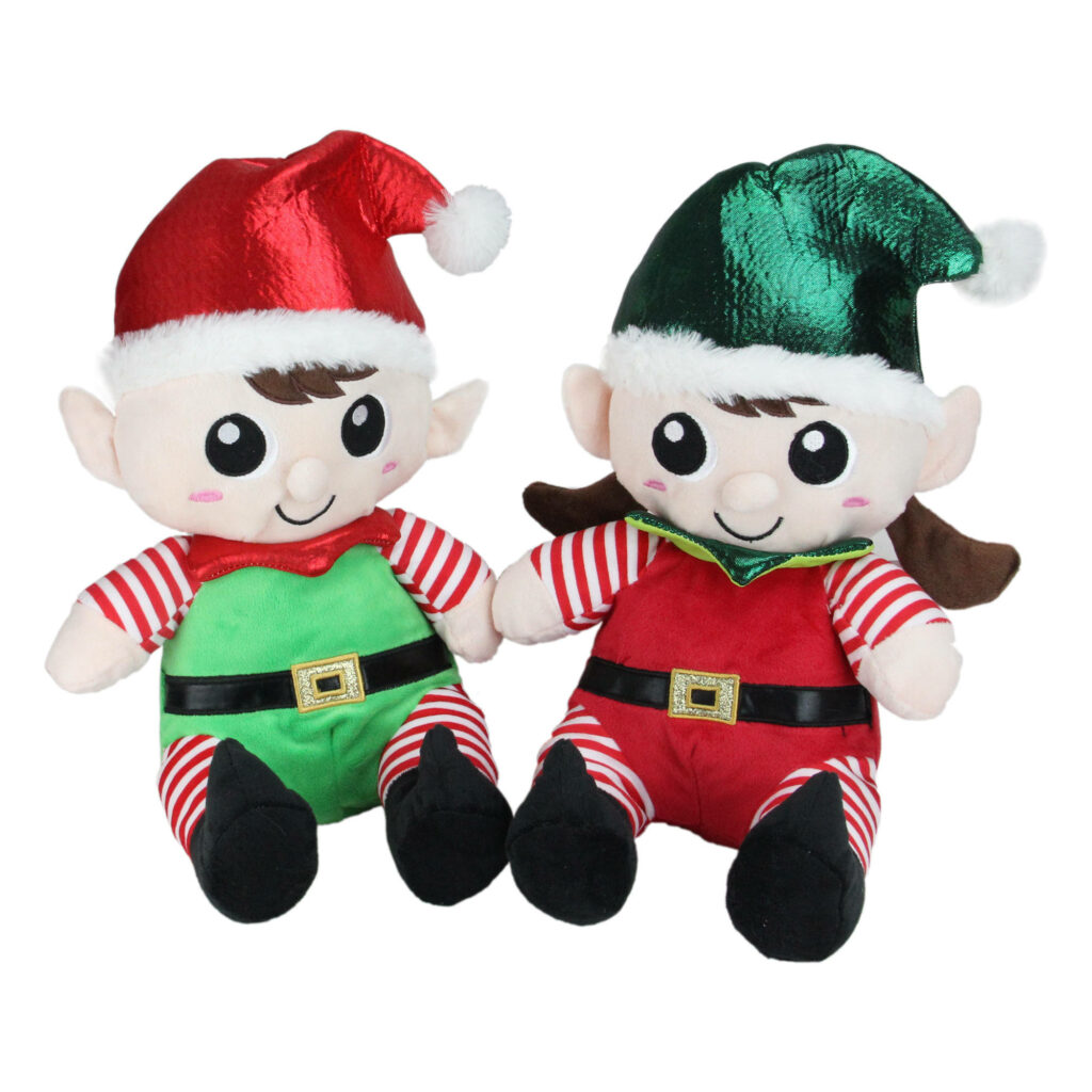 Festive Holiday Wallpaper: Colorful Elf Stuffed Toys in Cheerful Outfits