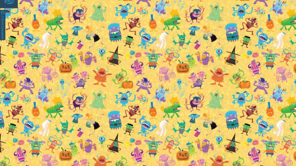 Colorful indie kidcore monster wallpaper with playful ghosts pumpkins by artist J Chris Campbell