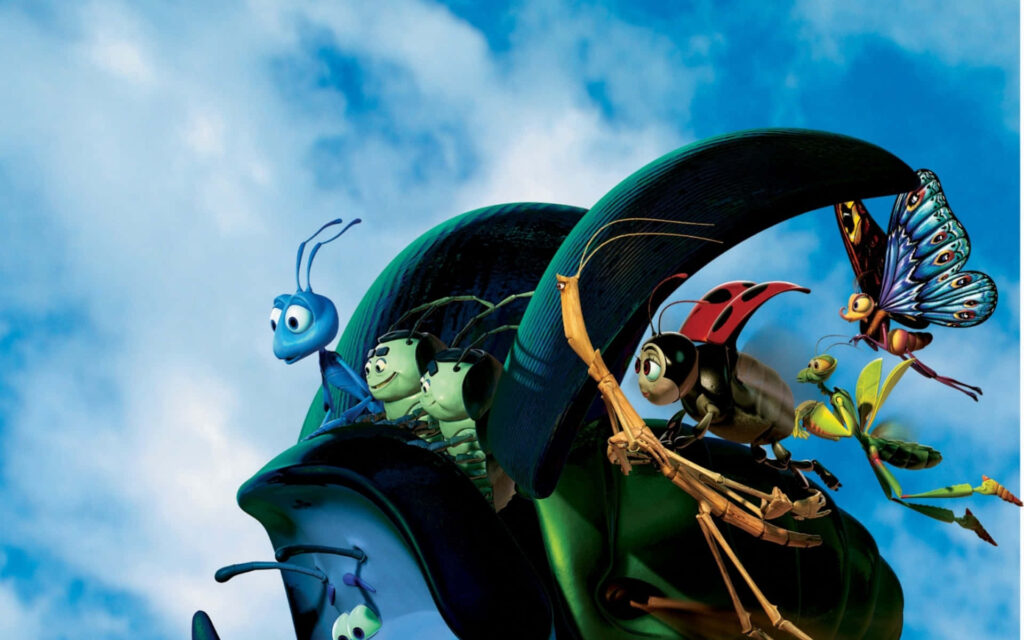 Colorful A Bugs Life insect characters riding large green bug under bright blue sky wallpaper