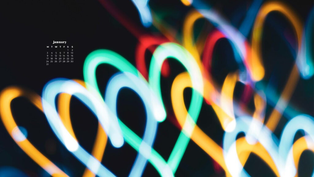 Vibrant January 2022 Calendar Wallpaper with Heart Light Streaks