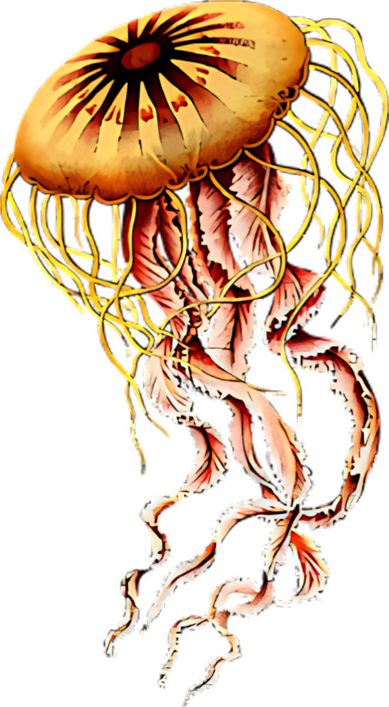 Colorful Jellyfish Illustration with Intricate Tentacles and Warm Hues Wallpaper