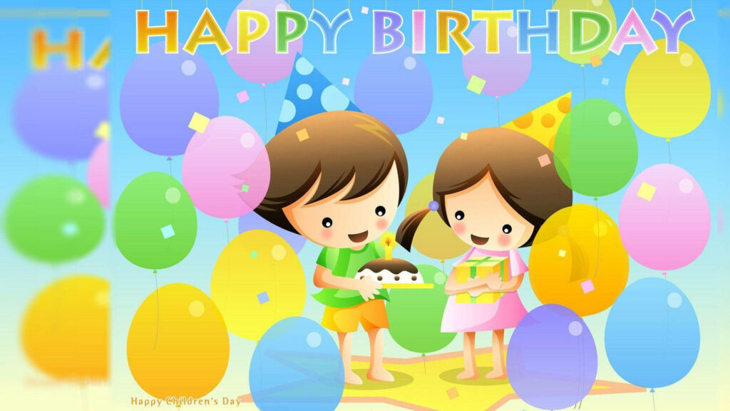 Vibrant Birthday Wallpaper: Cartoon Kids, Balloons & Cake Fun