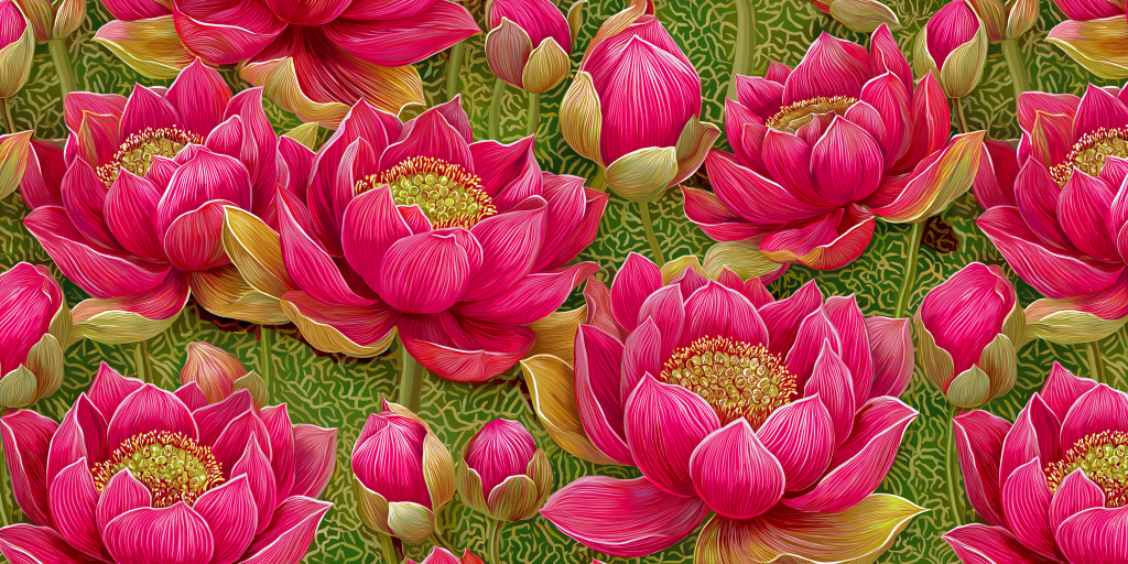 Colorful lotus flowers wallpaper with vibrant pink petals and gold stamens on green background