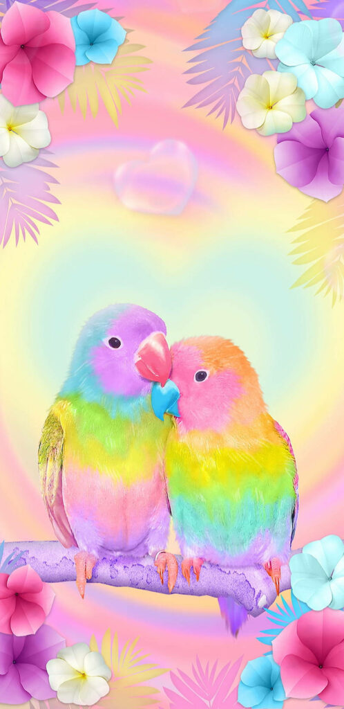 Colorful Love Birds Wallpaper - Pastel Floral Dreamy Background