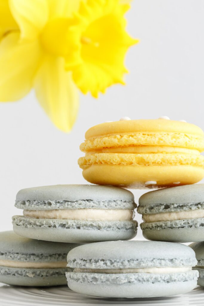 Charming Dessert Wallpaper: Colorful Macarons & Yellow Flower