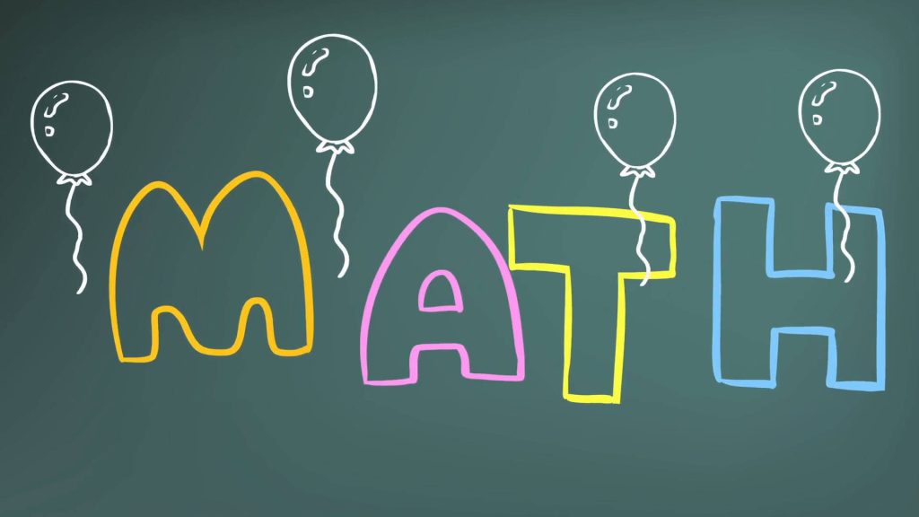 Colorful blocky math letters with white balloons on dark green chalkboard fun math wallpaper