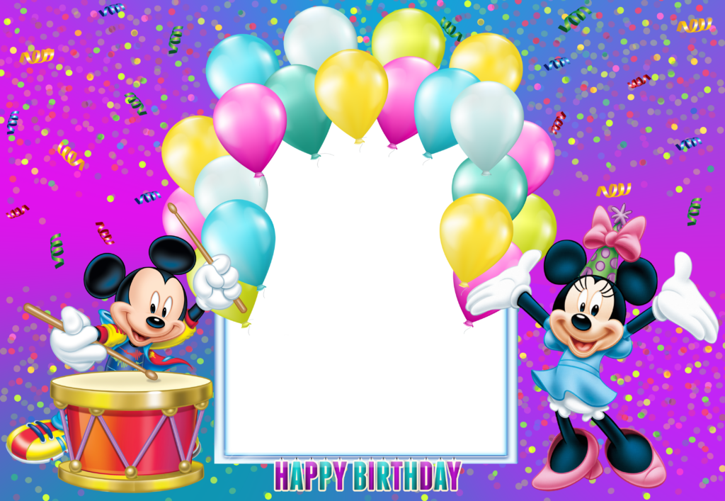 Colorful Mickey & Minnie Birthday Wallpaper with Confetti & Balloons