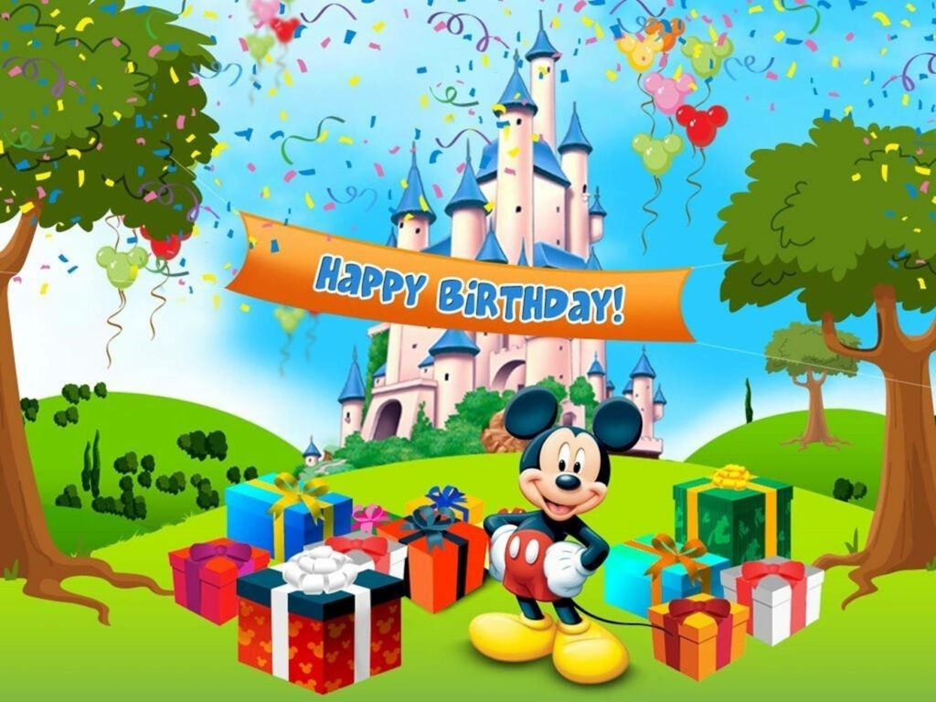 Mickey Mouse Birthday Wallpaper: Colorful Castle & Festive Decor