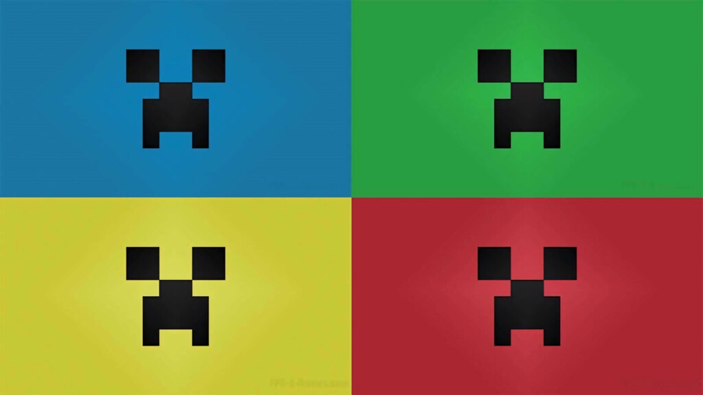 Minecraft Creeper face wallpaper in vibrant blue green yellow and red pixel art quadrants