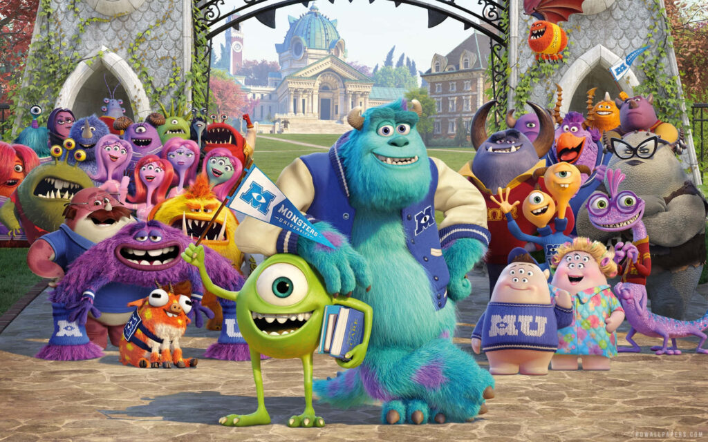 Vibrant Monsters University Poster - Mike & Sulley Campus Wallpaper