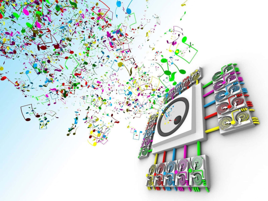 Colorful Music Notes & Futuristic Clock Wallpaper Background