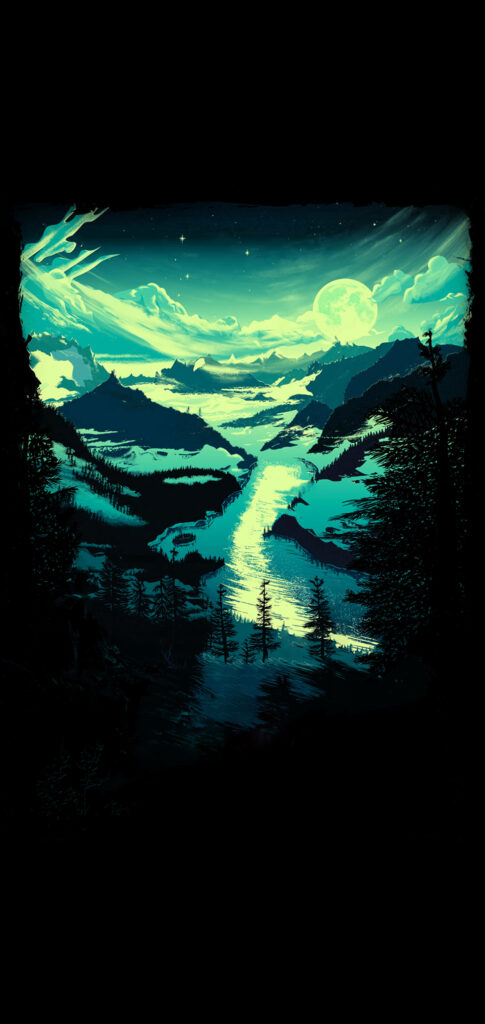 Glowing moonlit river winding through teal mountain valley with silhouetted trees wallpaper
