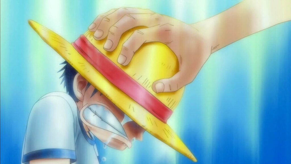 Shanks giving young Luffy his straw hat emotional anime scene vibrant yellow blue tones wallpaper