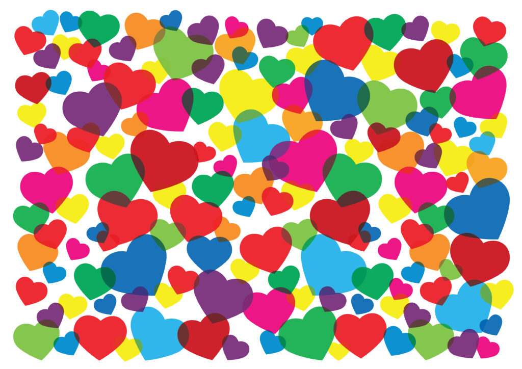Colorful Overlapping Hearts Wallpaper - Lively Design on White Background