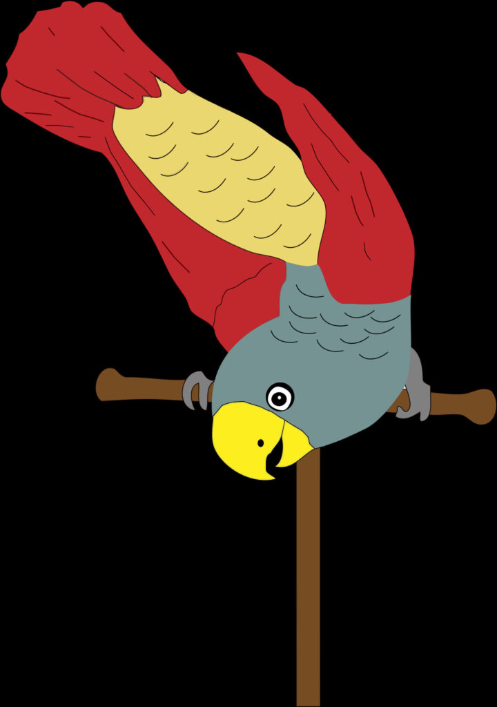 Vibrant Upside-Down Parrot Illustration on Colorful Branch Wallpaper