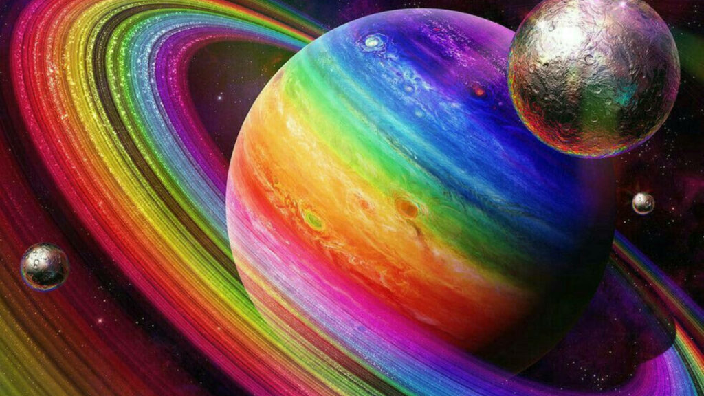 Vibrant Cosmic Wallpaper: Colorful Planet & Luminous Rainbow Rings