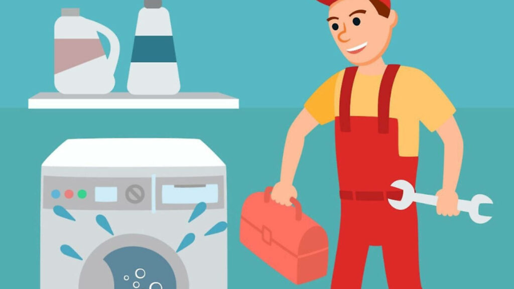 Colorful Plumber Wallpaper: Repair Scene with Toolbox & Washing Machine