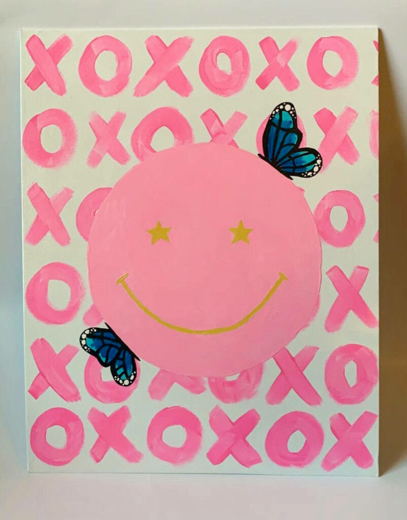 Vibrant Preppy Smiley Face with Playful Butterfly Accents on Pink XOXO Background - A Captivating Snapshot Wallpaper