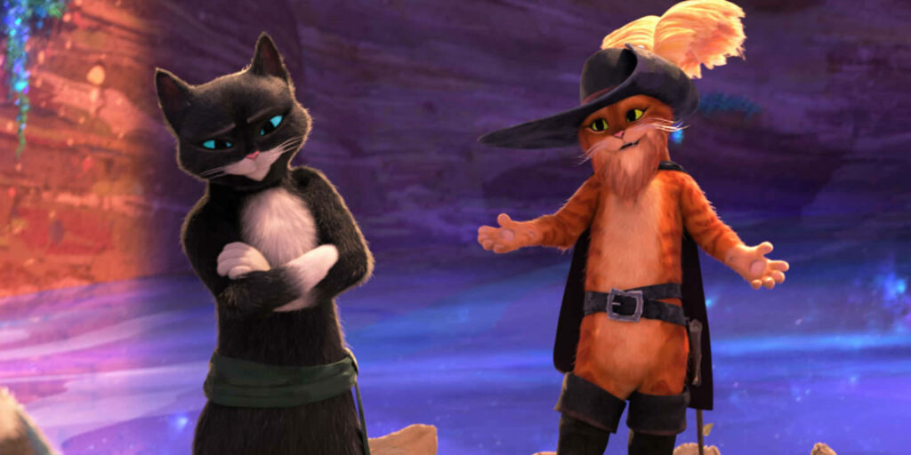 Puss in Boots and Kitty Softpaws: Mystical Cave Tension Wallpaper